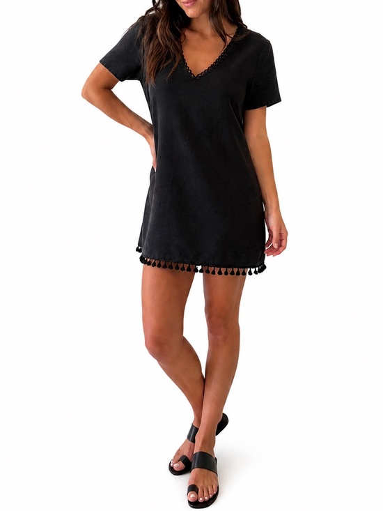 twik Dresses & Skirts - twik Black Tassel Trim Tunic Dress Sz XS Boho Chic Festival Linen Spring Coastal